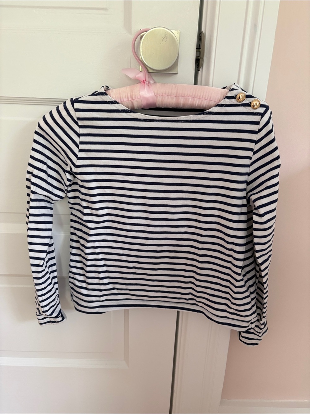 Crewcuts Navy & White Striped Long Sleeve Tee with Gold Shoulder Buttons